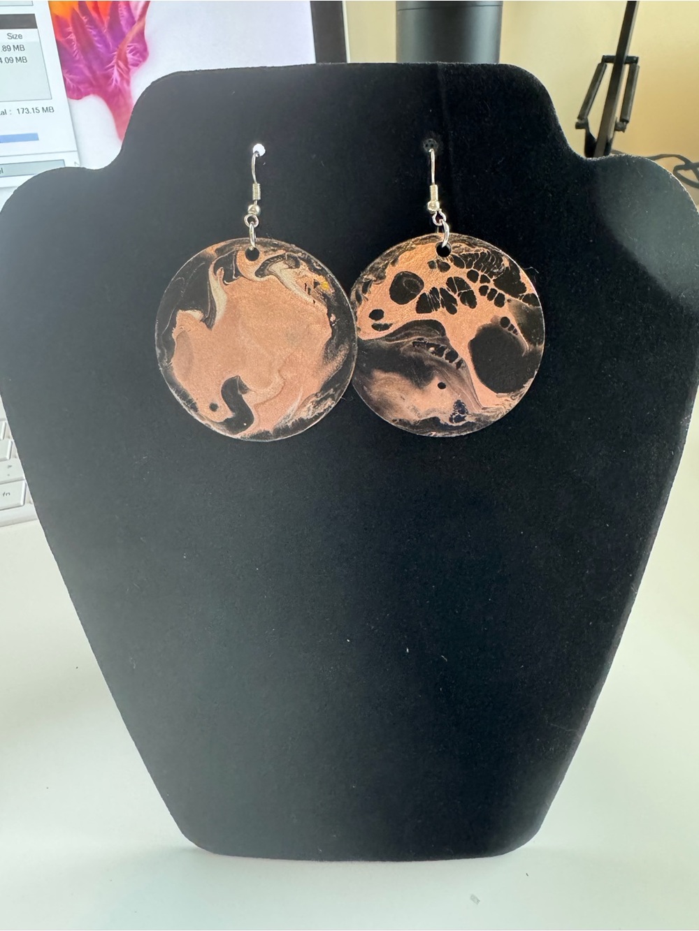 Hand Crafted Copper and Black Swirl Round Dangle Earrings